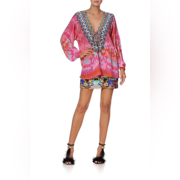 Camilla Printed Silk Hand-Beaded Lace-Up Blouse - Picture 2 of 12